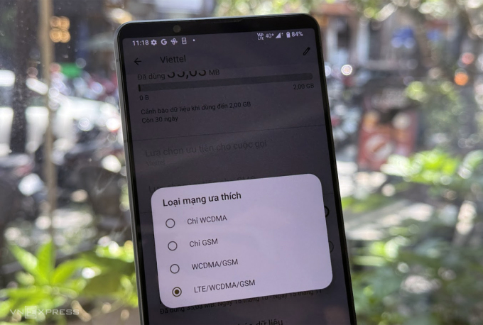 Phần cài đặt của một chiếc Xperia 1 Mark VI không có tùy chọn kết nối 5G. Ảnh chụp màn hình