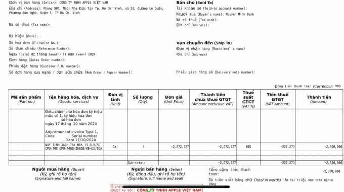 Biên lai hoàn tiền của Apple cho anh Nguyễn Danh. Ảnh: NVCC